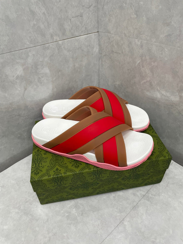 GG Striped Rubber Slides White Red Rubber 788222