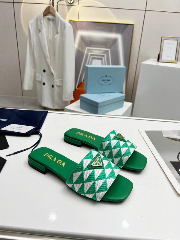 Prad 26s Enameled Metal Triangle Printed Slides Green Leather Cotton 986592