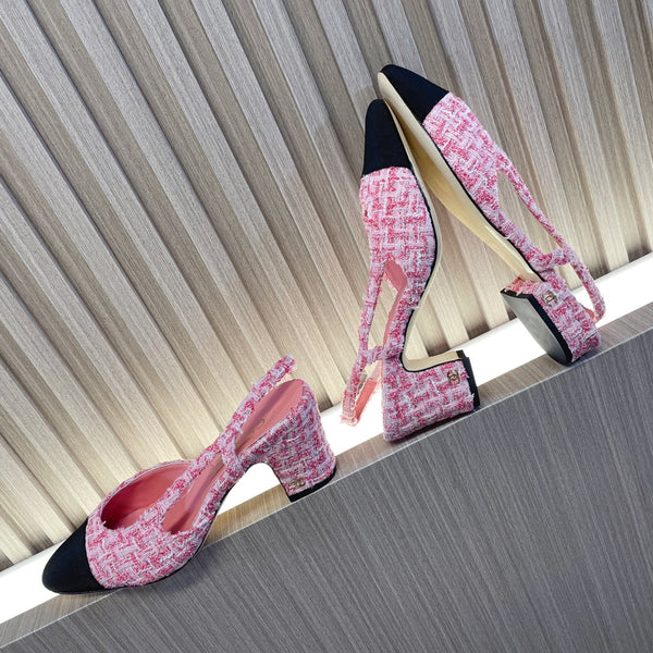 CC Slingbacks Light Pink Mix White Tweed Black Grosgrain 399331