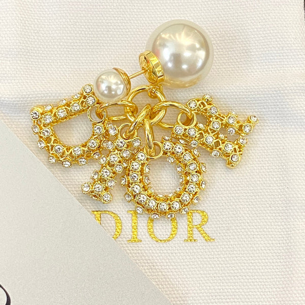 CD 26S Crystal CD Charm Pearl Drop Earrings In Gold Metal 633101