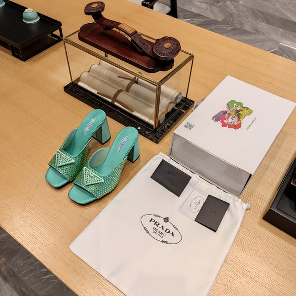 Prada 26S Open-Toe Crystal-Embellished Mules 100mm in Dark Green Satin