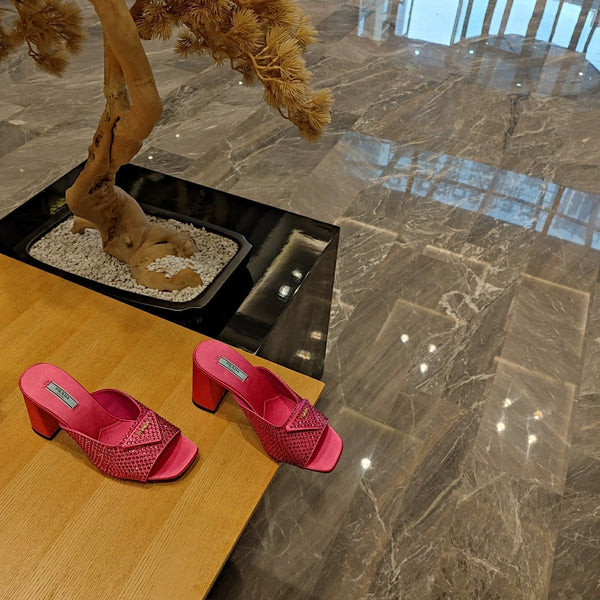 Prada 26S Open-Toe Crystal-Embellished Mules 100mm in Fuchsia Pink Satin