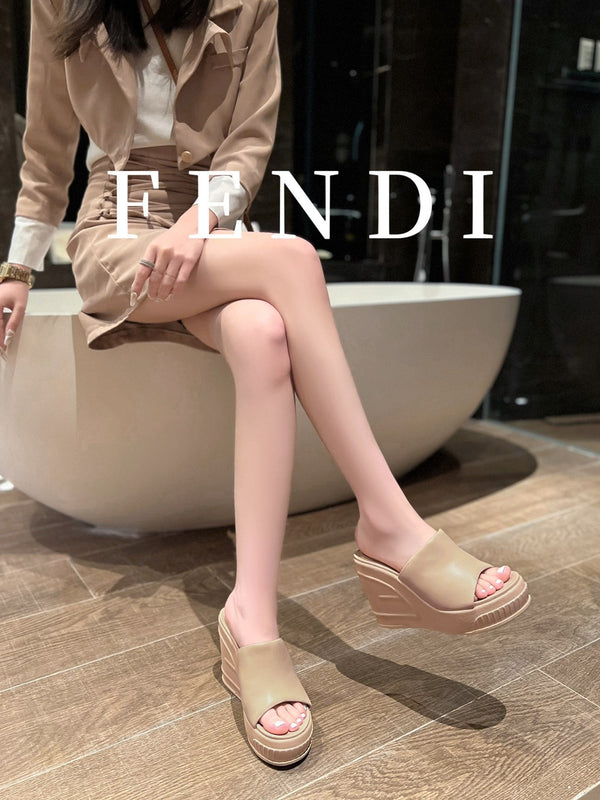 FENDI BAGUETTE WEDGE PLATFORM 85MM IN ALMOND BEIGE CALFSKIN