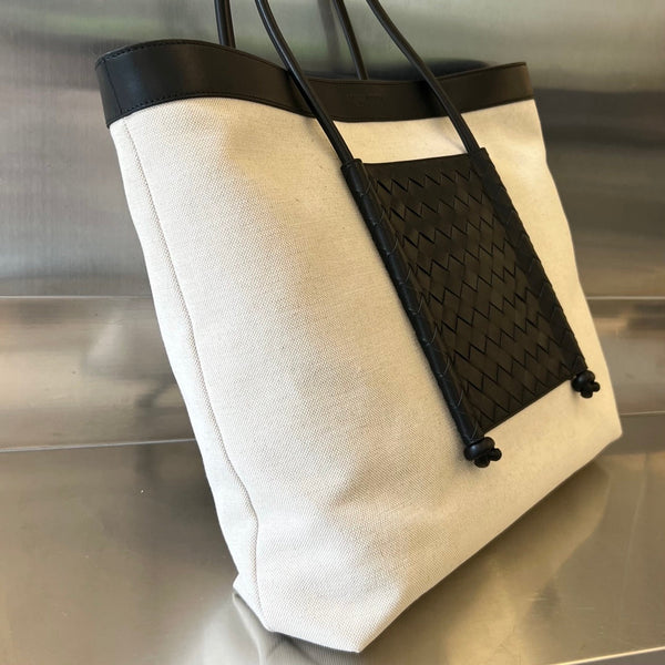 PORTELLO TOTE 53 IN BLACK CALFSKIN AND WHITE CANVAS