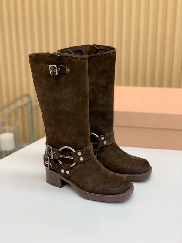 Miu Miu Biker Retro-Style Long Boots Brown Suede 535201