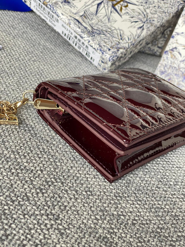 CD Caro 11cm Compact Wallet Shiny Burgundy Calfskin