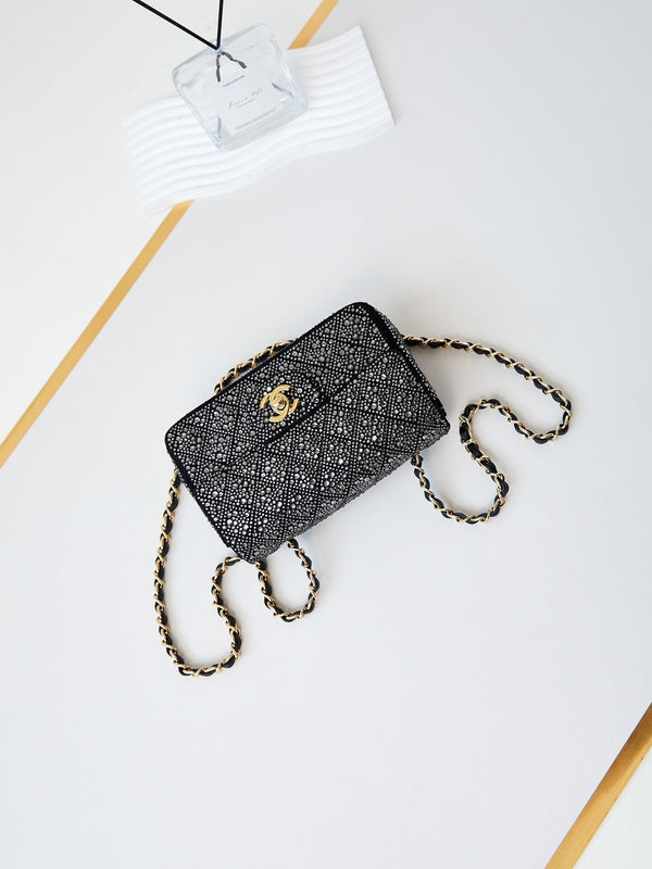 24b mini flap bag 20cm black lambskin silver diamond