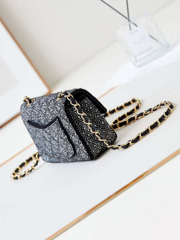 24b mini flap bag 20cm black lambskin silver diamond