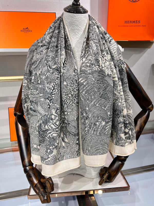 Faubourg Tropical Scarf 135 CM Black White Cashmere And Silk