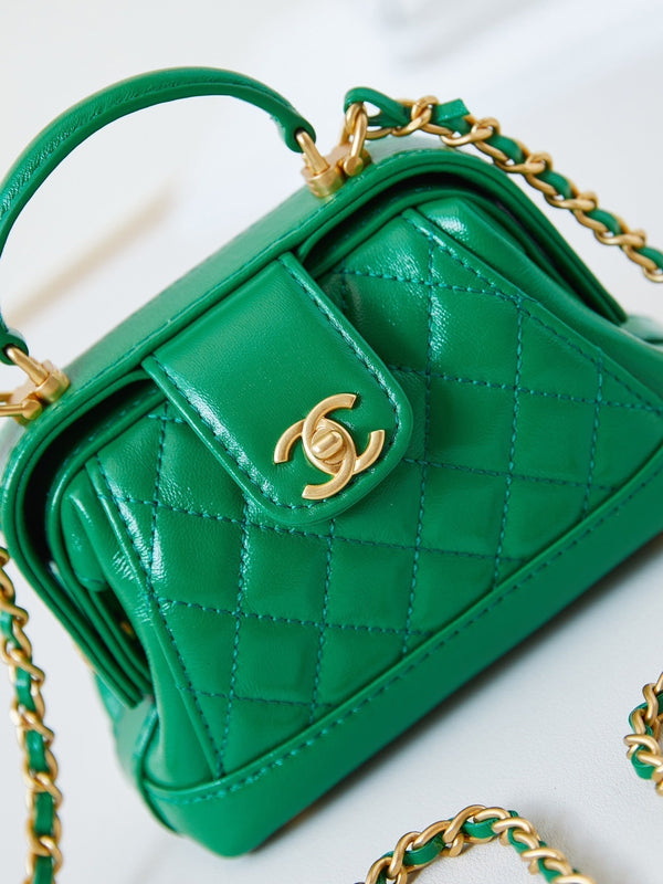 CC 24A Mini Top Handle 13cm Green Wax Leather Gold Hardware 238465