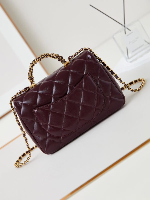 CC Flap Bag With Top Handle 25cm Wine Red Sheepskin Gold Hardware 238481