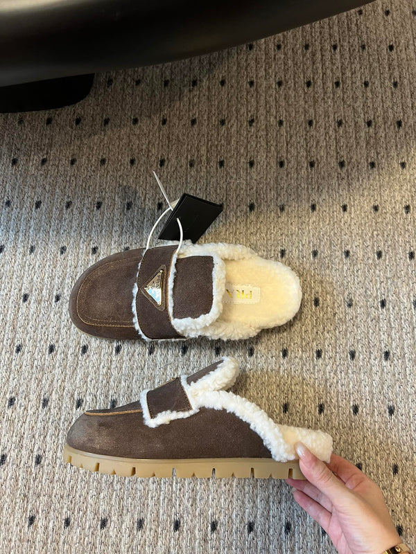 Pra Slippers Dark Brown Suede & Shearling 478565