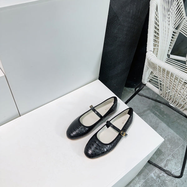 BLACK PYTHON PRINT LEATHER BALLET FLATS