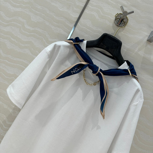 LV High-Sense Silk Scarf T-shirt Black White Cotton
