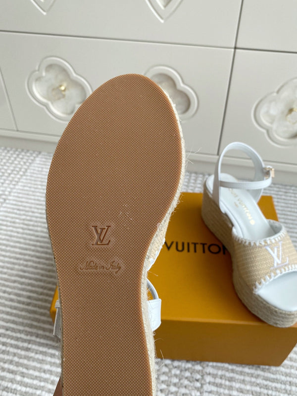 LV Beige·Raffia Straw Wedge Sandals 7.5cm White Lining Leather 291583