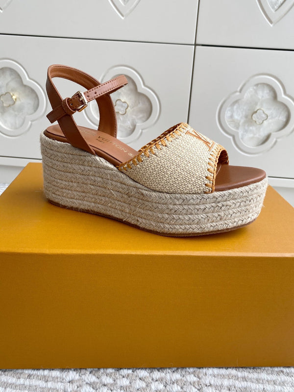 LV Beige·Raffia Straw Wedge Sandals 7.5cm Gold Lining Leather 291587