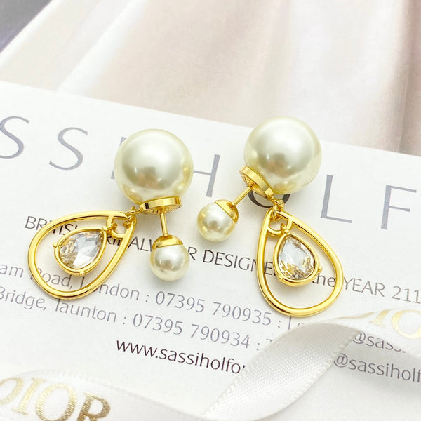 CD 26S Pearl Teardrop Crystal Double Stud Earrings In Gold Metal 631769