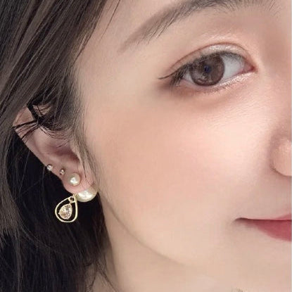 CD 26S Pearl Teardrop Crystal Double Stud Earrings In Gold Metal 631769