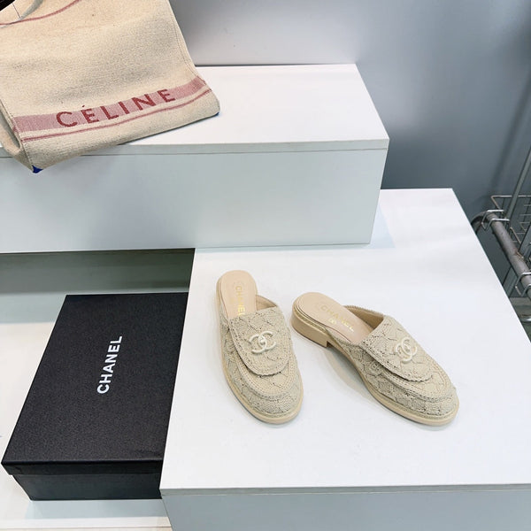 CC Loafers Half-Slip Sandals Beige Wool Sheepskin 628647