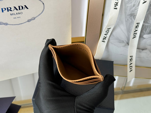 Pra Gold Logo-Stamp Card Holder Brown Saffiano Leather