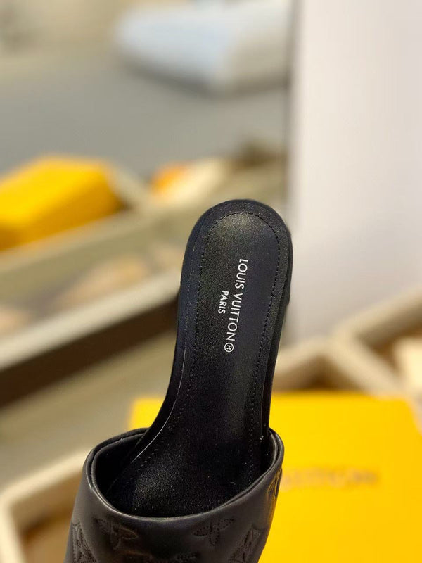 LV Neo Revival Mule Flat Black Embossed Logo Cowhide