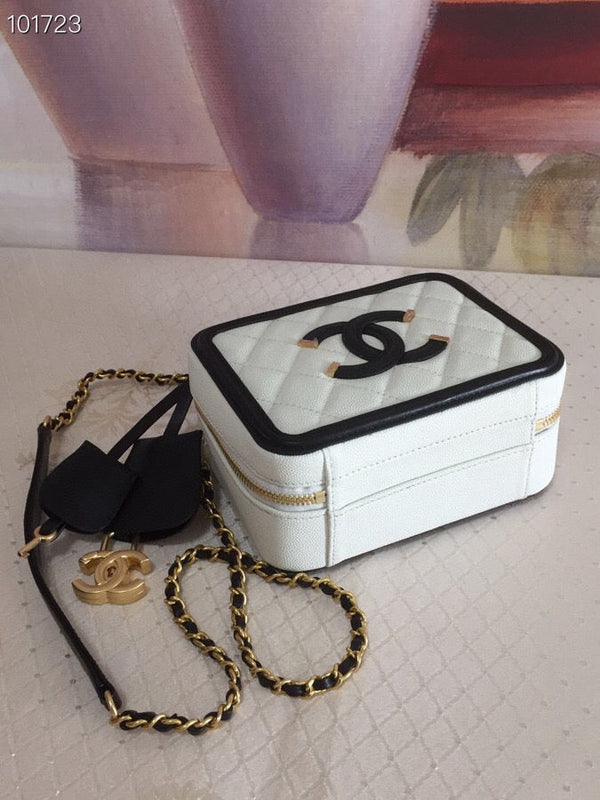 CC Filigree Vanity Case Bag Black White Quilted Caviar Leather