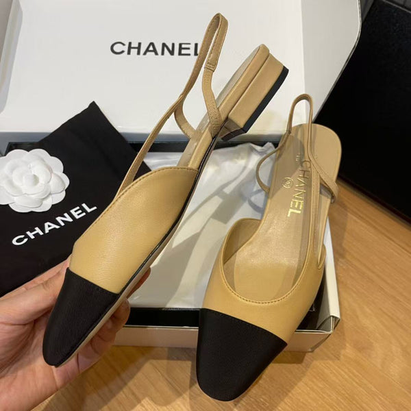 slingbacks flat beige goatskin black grosgrain