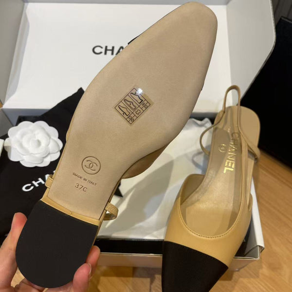 slingbacks flat beige goatskin black grosgrain