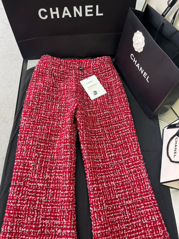 CC 25 Pink and Black Woven Trim Red Wool Jacket Skirt Pants Set
