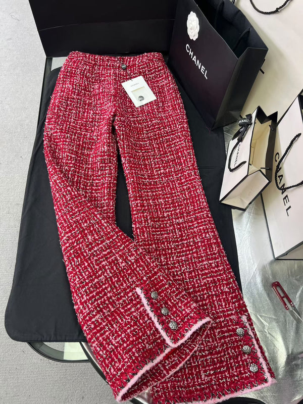 CC 25 Pink and Black Woven Trim Red Wool Jacket Skirt Pants Set