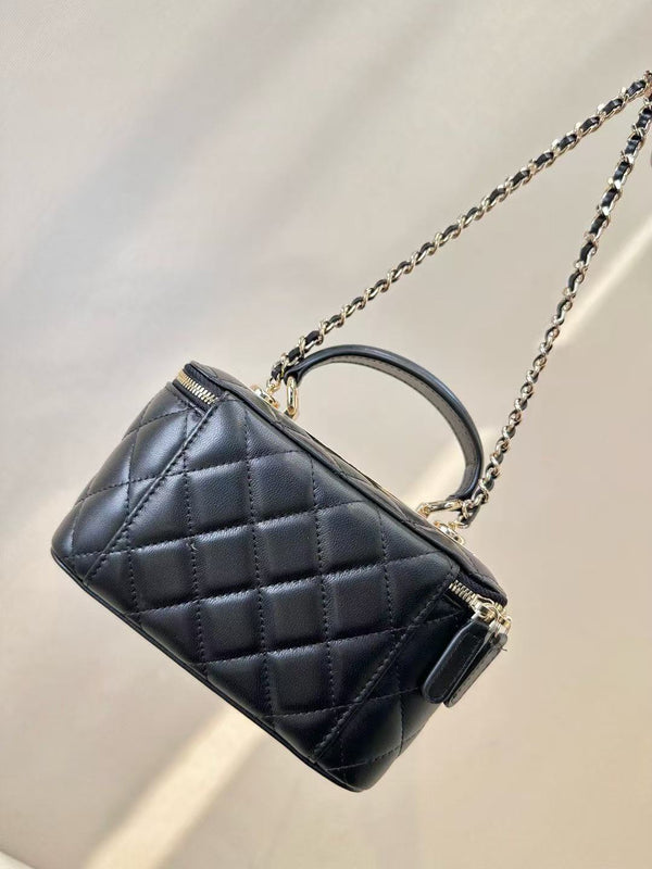 CC Mirror Vanity Case Top Handle Chain Strap Black Calfskin GHW