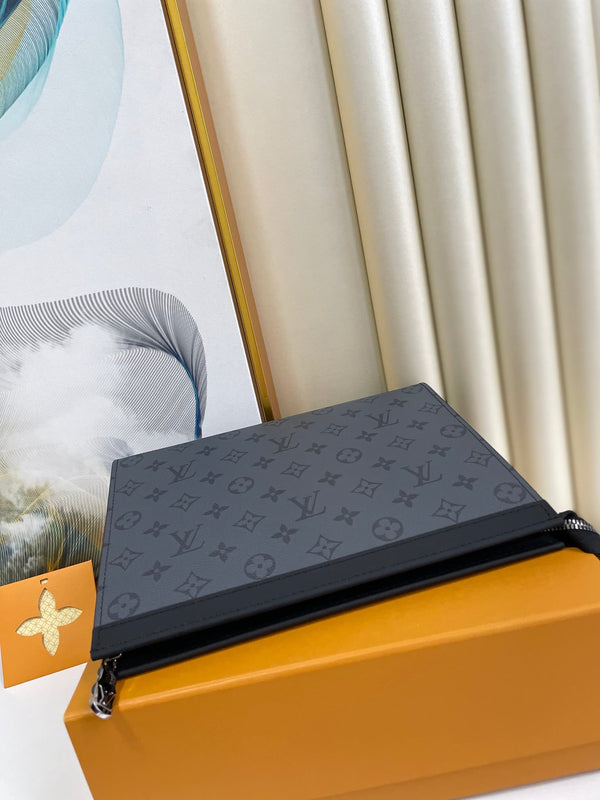 LV Pochette To-Go Bag 26cm Black Gray Canvas Cowhide