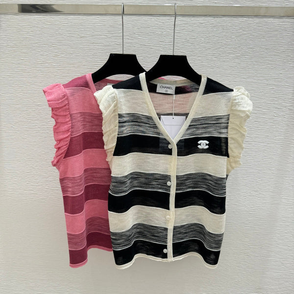 CC 2026 Striped Simple V-Neck Knitted Vest Cardigan Tencel 516056