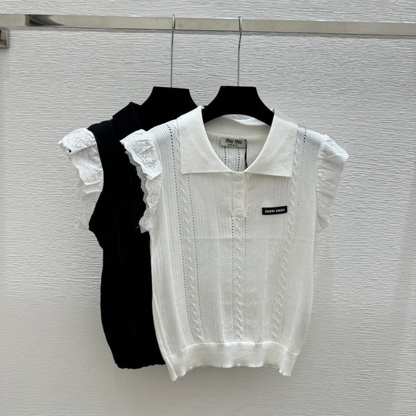 Miu 2026 Collar Knitted Vest Black and White Wool 227566