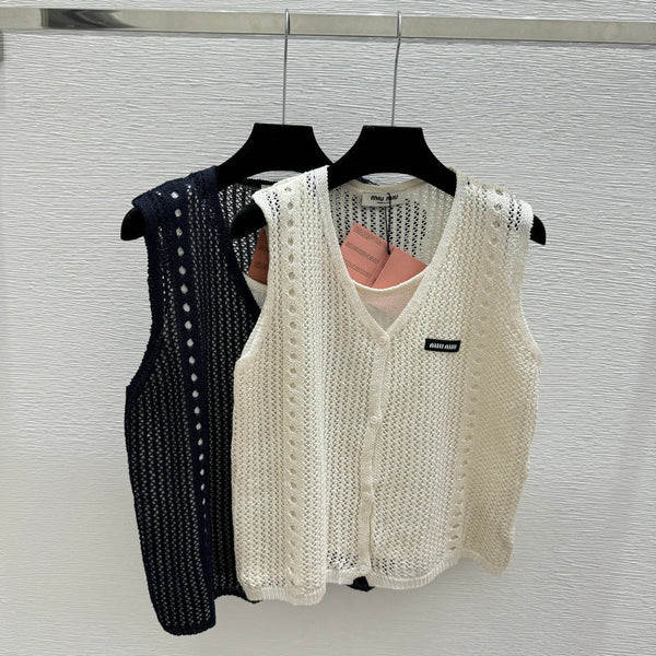Miu 2026 Vest Navy Blue and Cream Tencel Polyester 516025