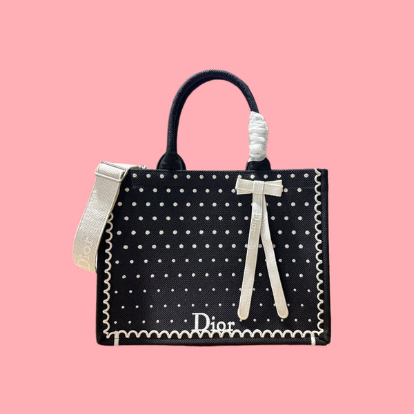 CD Book Tote With Strap PolkaDior Embroidery Black White Canvas 164637