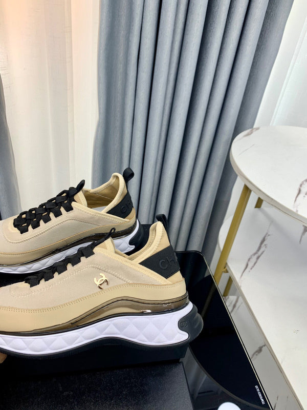 Chanel Interlocking CC Logo Sneaker Beige Black in Fabric patchwork