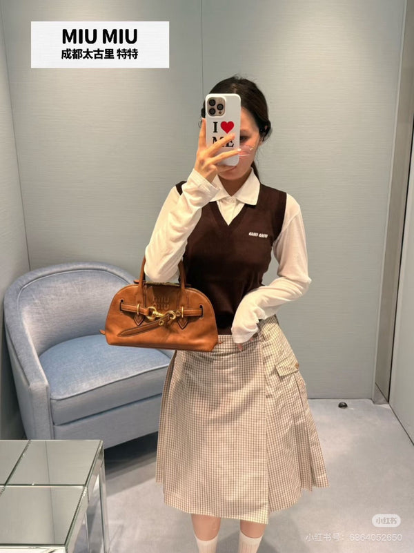 Miu Miu Beige-Brown Plaid Midi Skirt in Cotton YB