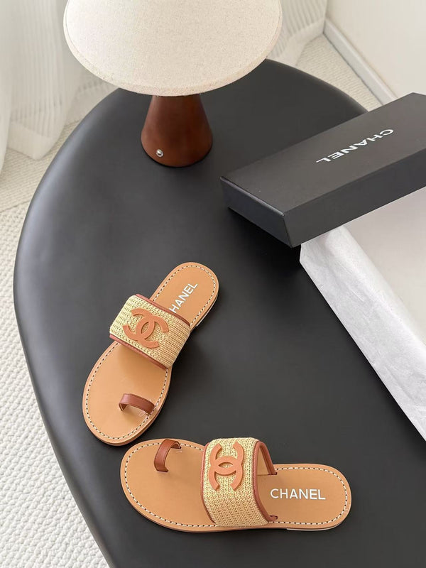 CC Toe Ring Thong Sandal In Beige Tan Brown Woven And Leather