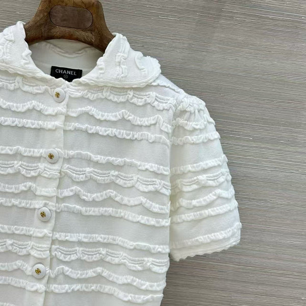 CC Ruffled Short Sleeve Knit Cardigan White Cotton