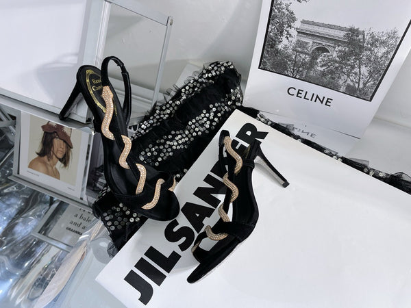 RC Margot Crystal Snake-Wrap High-Heel Sandals 9.5cm Black