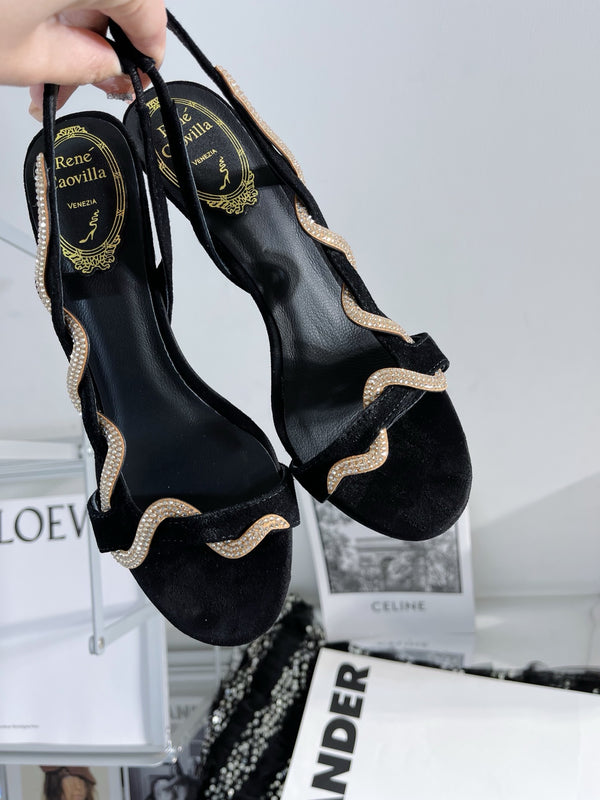 RC Margot Crystal Snake-Wrap High-Heel Sandals 9.5cm Black