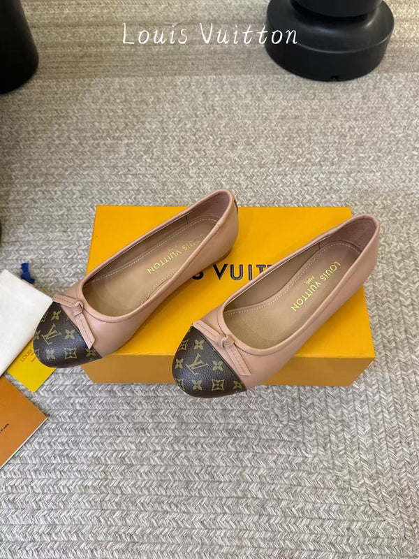 LV Classic Monogram Bow Ballet Flats Pink Brown In Cowhide