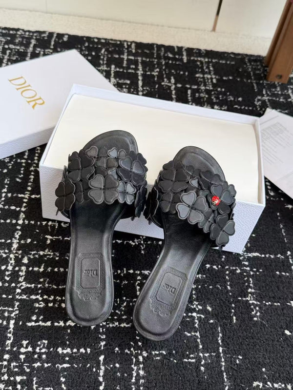 CD Bloom Mules 4.5CM Black Leather Flowers Bee Accent 966856