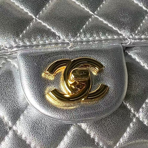CC Pearl Crush Mini Flap Bag 20cm Silver Metallic Quilted Lambskin