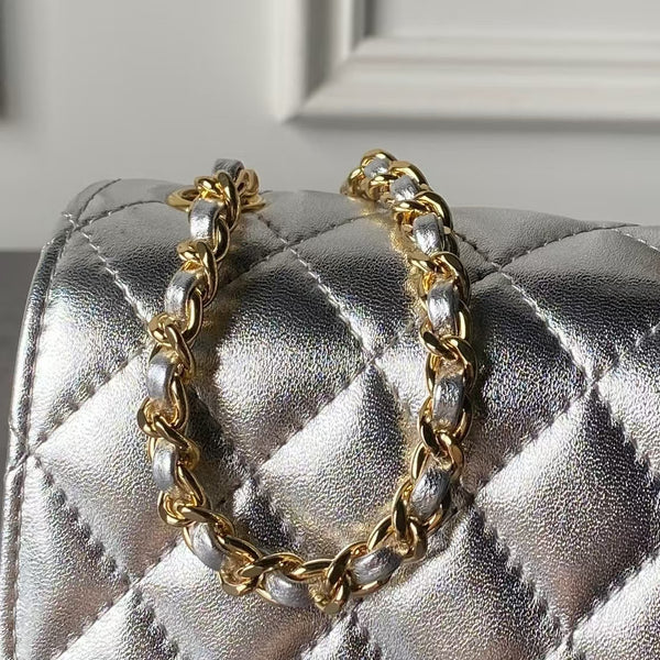 CC Pearl Crush Mini Flap Bag 20cm Silver Metallic Quilted Lambskin