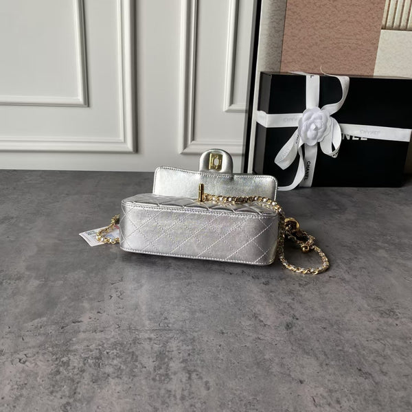 CC Pearl Crush Mini Flap Bag 20cm Silver Metallic Quilted Lambskin