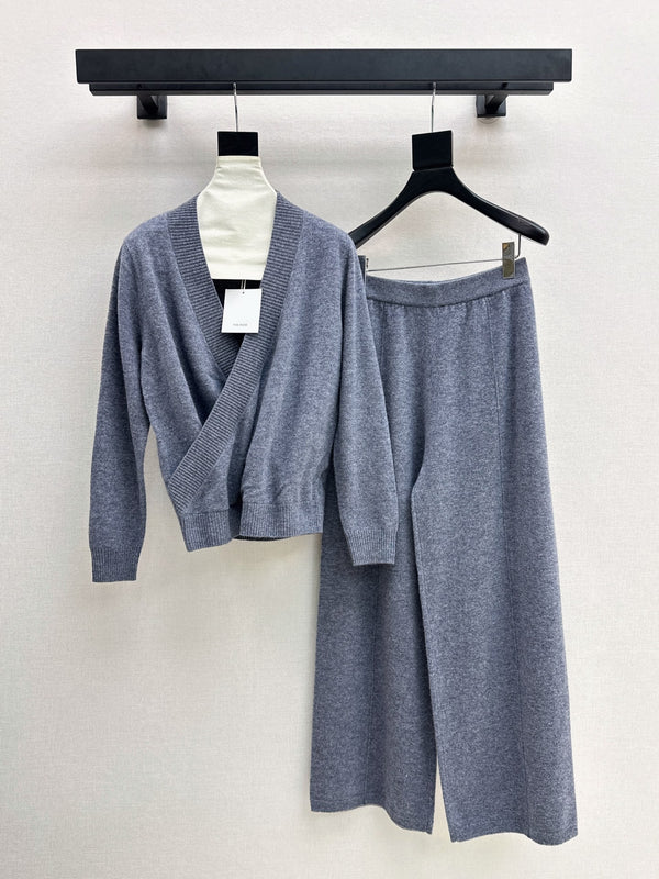 CD Knit Wrap Cardigan & Wide-Leg Pants Set Slate Gray Wool