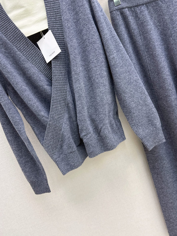 CD Knit Wrap Cardigan & Wide-Leg Pants Set Slate Gray Wool