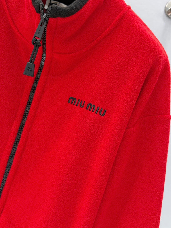 Miu Logo Fleece Jacket Red Polyester